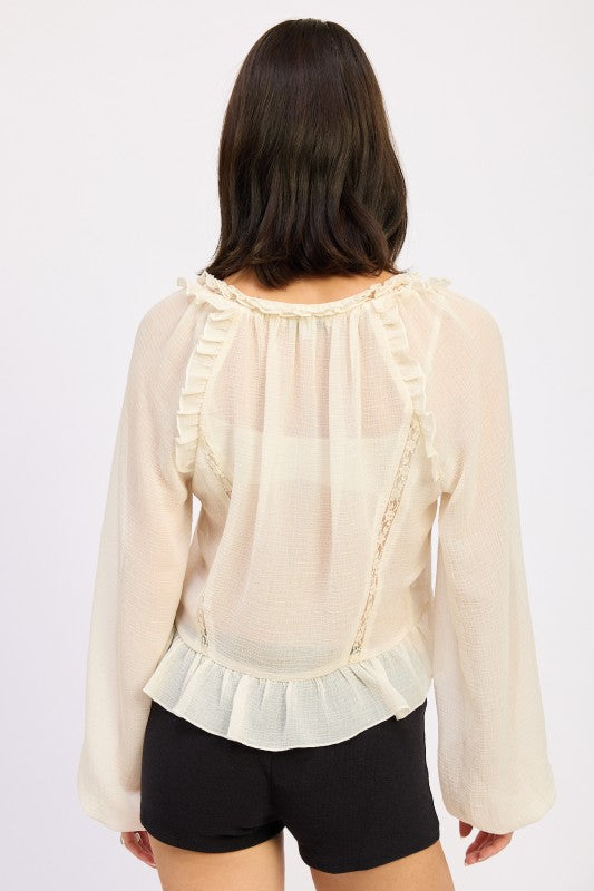 Round Neck Long Sleeve Flared Blouse | Blouses Daverri Fashions