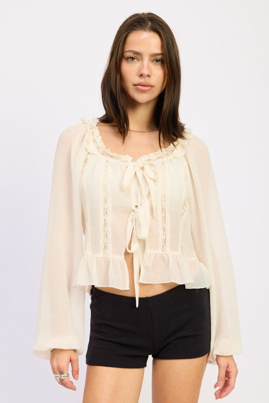 CREAM Round Neck Long Sleeve Flared Blouse | Blouses Daverri Fashions