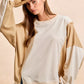 BiBi French terry color block top in beige and cream with relaxed fit