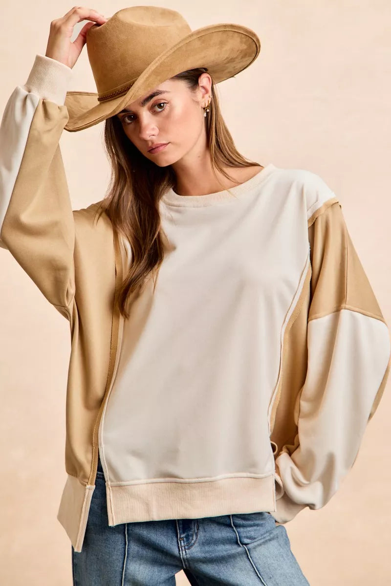 BiBi French terry color block top in beige and cream with relaxed fit