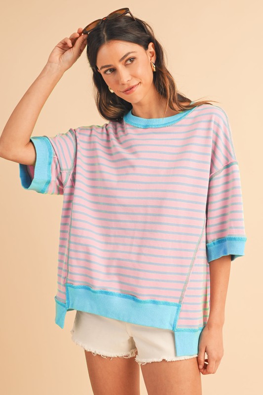 Pink Stripe mint half sleeve sweatshirt Sweatshirts