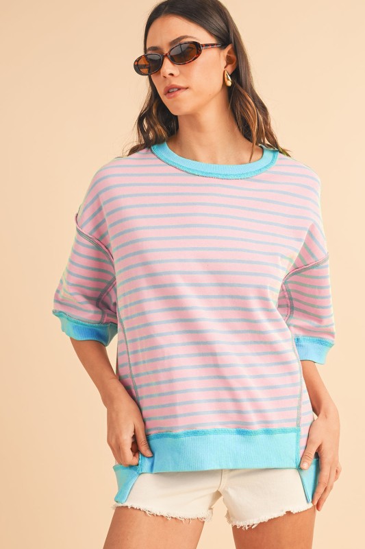 Pink Stripe mint half sleeve sweatshirt Sweatshirts
