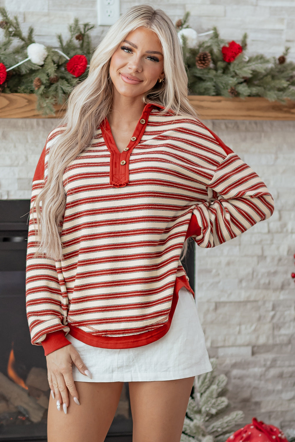 Striped Buttoned V Neck Collared Drop Shoulder Top | Tops/Long Sleeve Tops Daverri Fashions