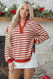 Striped Buttoned V Neck Collared Drop Shoulder Top | Tops/Long Sleeve Tops Daverri Fashions