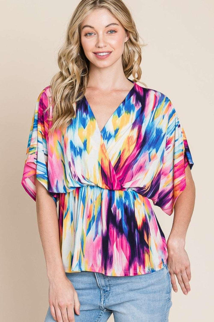 BOMBOM Printed Surplice Peplum Blouse Multicolor Shirts & Tops