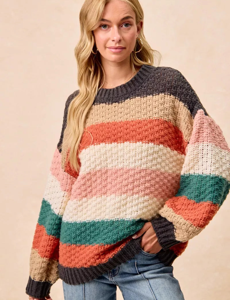 BiBi Stripes Color Block Chunky Sweater | Sweaters Daverri Fashions