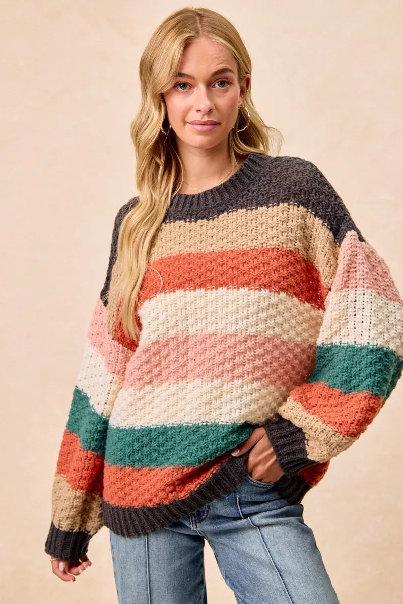 BiBi Stripes Color Block Chunky Sweater | Sweaters Daverri Fashions