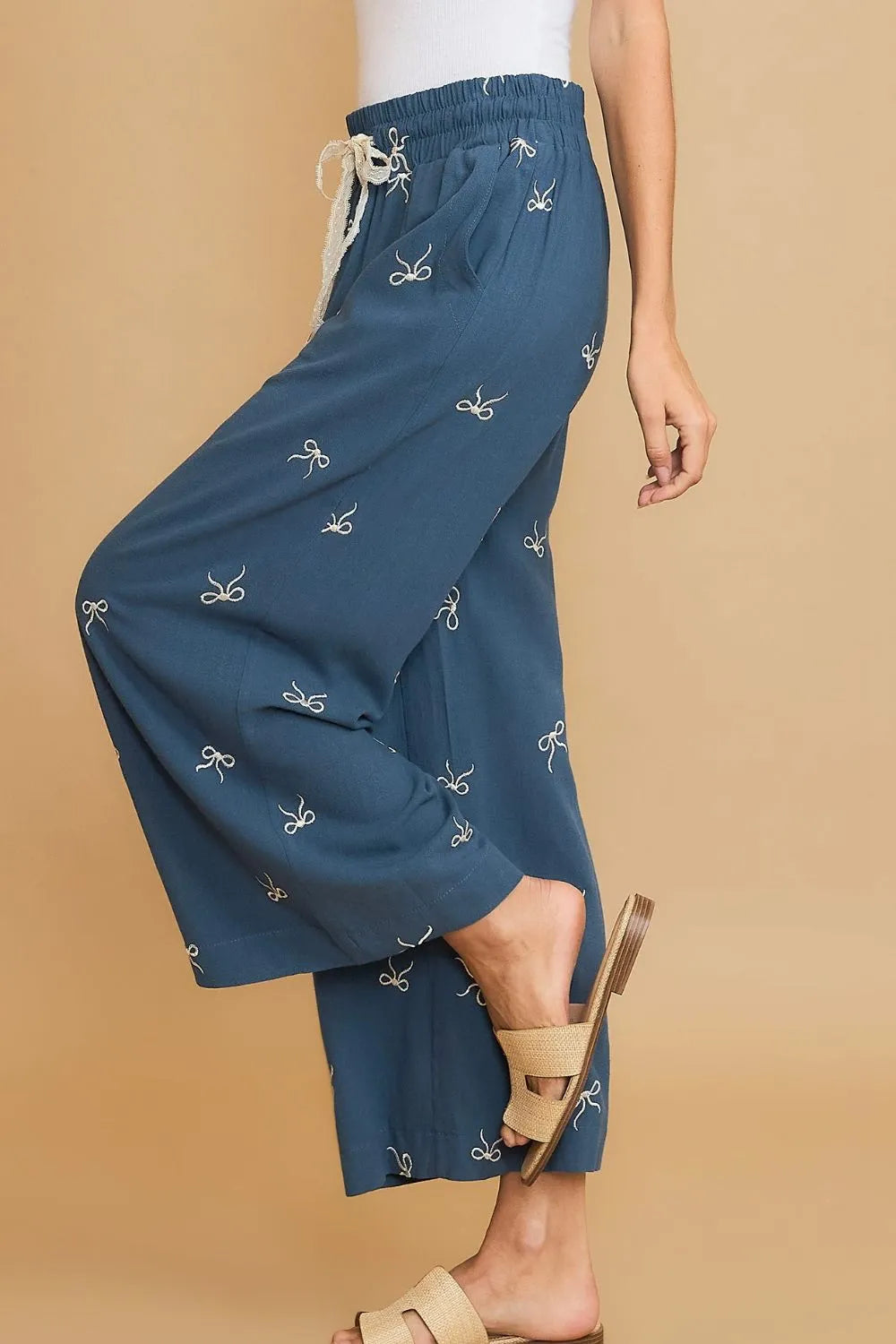 Umgee Full Size Lace Drawstring Embroidered Bow Wide Leg Pants Plus Size | Daverri Fashions