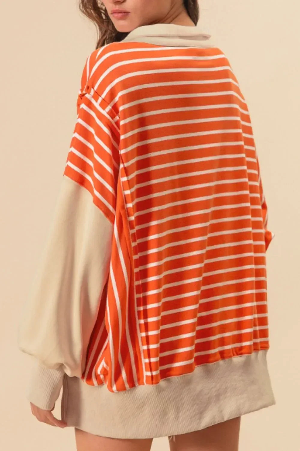 Striped Johnny Collar Long Sleeve Sweatshirt - DAVERRI FASHIONS