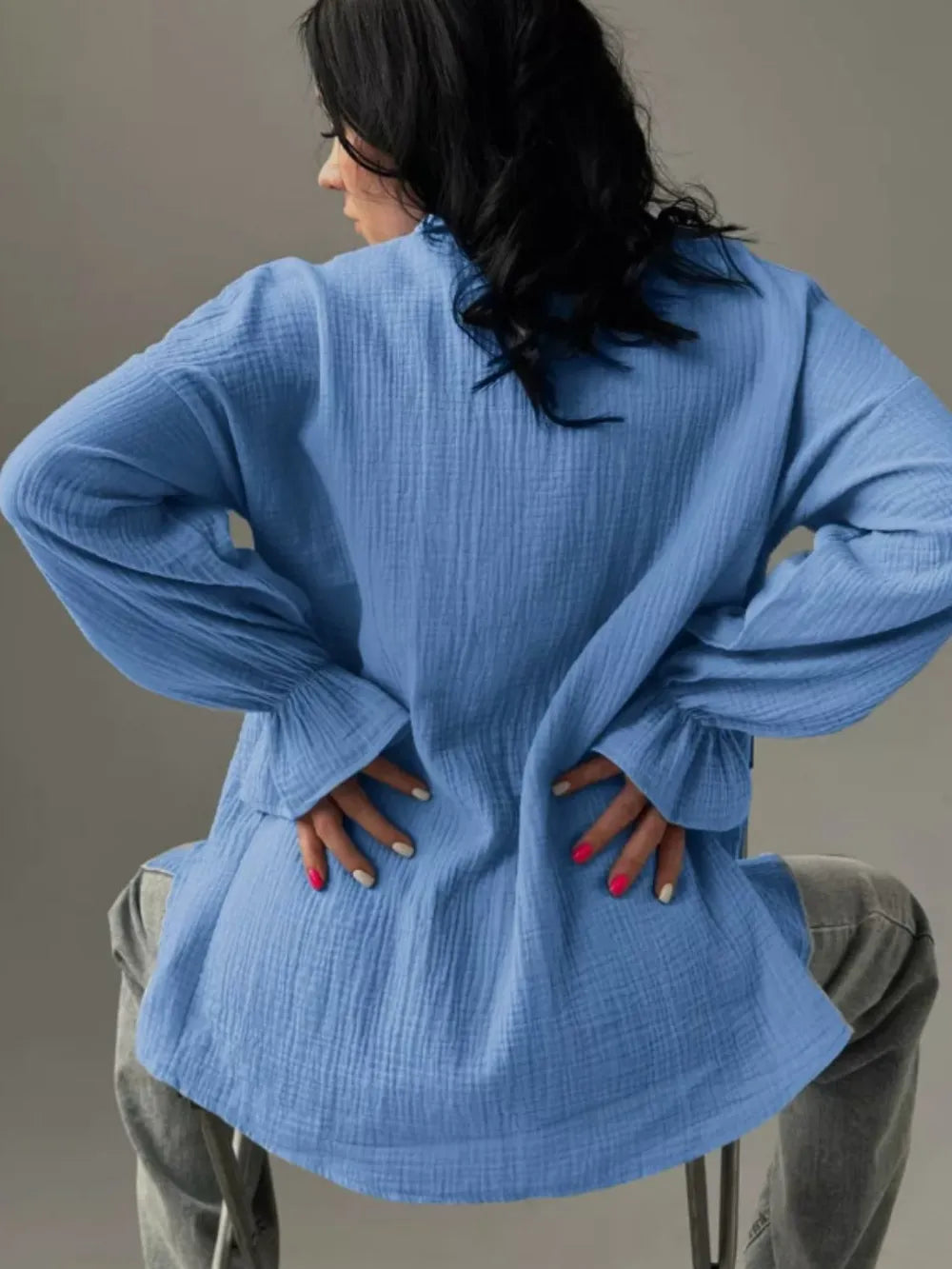 Light blue women’s collared flounce sleeve loose fit cotton shirt