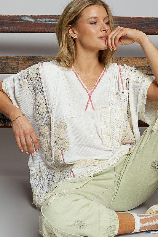 POL Lace Patchwork Half Sleeve Hooded Top Tops