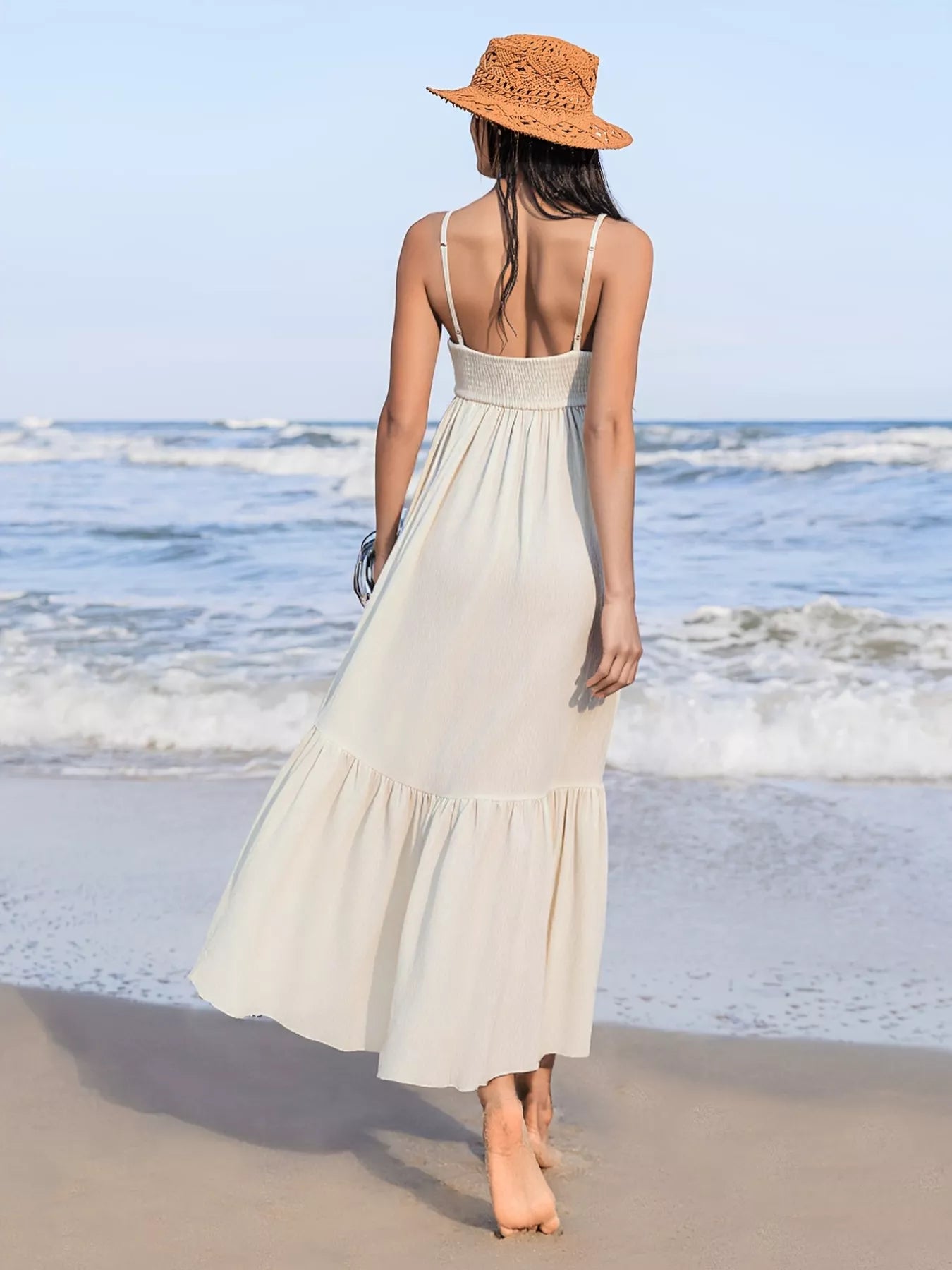 Daverri Sweetheart Neck Beige Tiered Maxi Dress with Spaghetti Straps