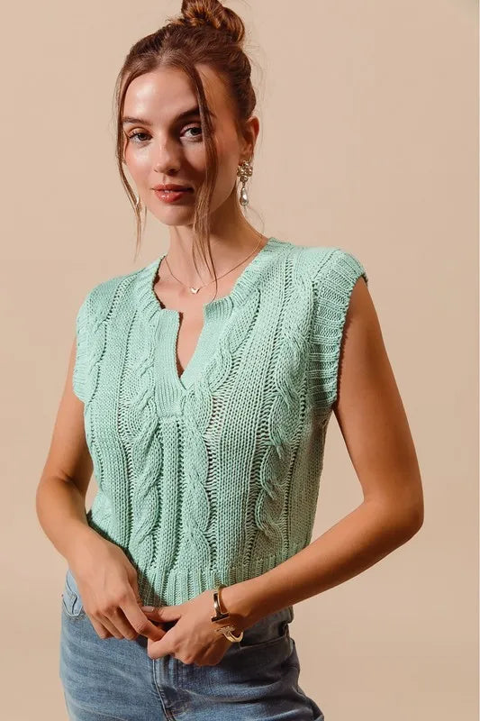 SO ME Notched Neck Cable Knit Sweater Vest DUSTY SAGE