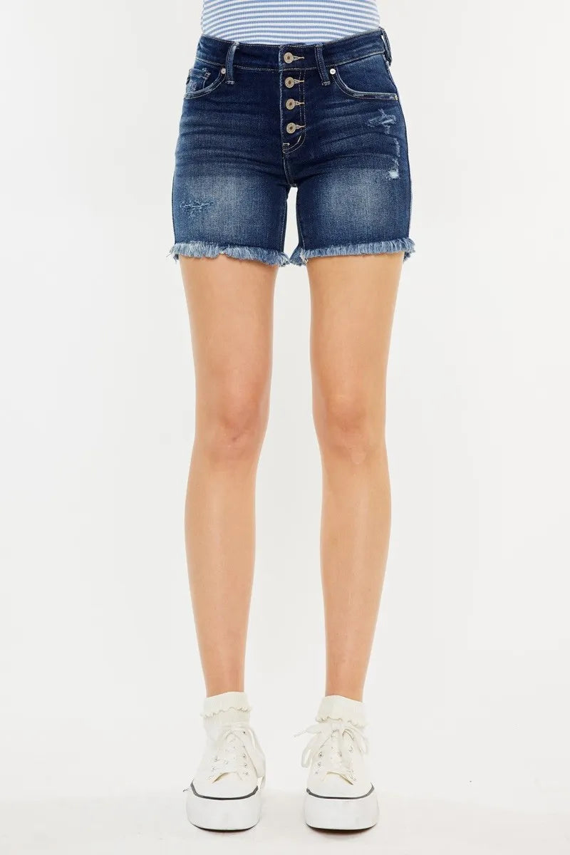 Kancan Mid Rise Button Fly Denim Shorts DARK Denim Shorts