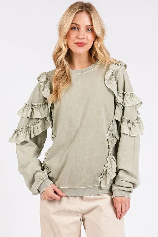 Mittoshop Ruffled Mineral Washed Round Neck Long Sleeve Sweatshirt Sage