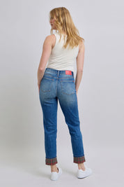 Judy Blue Full Size Plaid Print Cuff Straight Leg Jeans with Pockets | Daverri Fashions