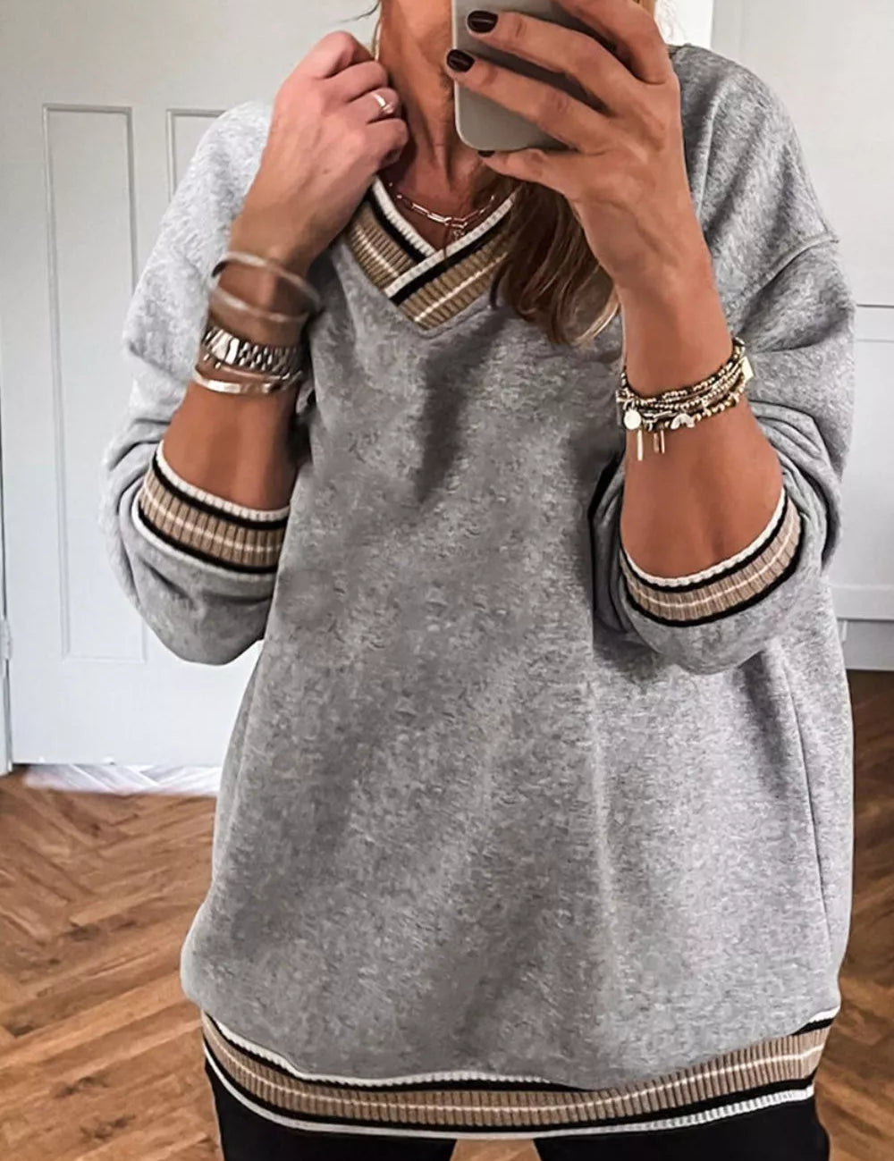 Gray Casual V-Neck Striped Trim Pullover | Sweatshirts Daverri Fashions