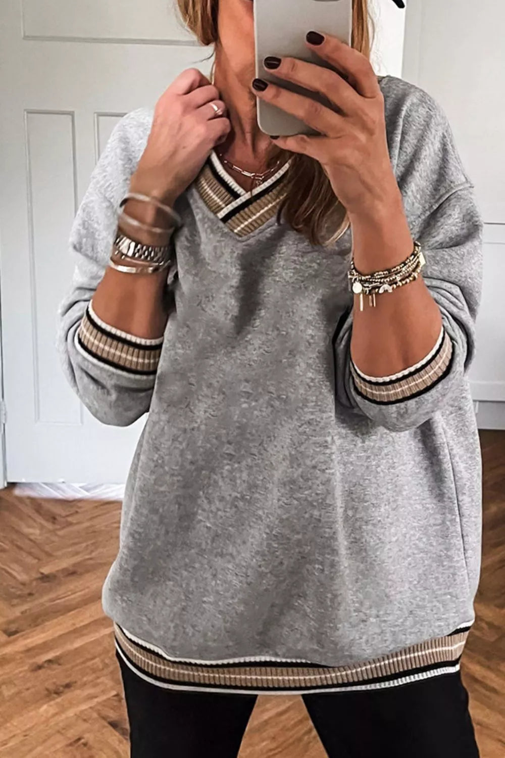 Gray Casual V-Neck Striped Trim Pullover | Sweatshirts Daverri Fashions