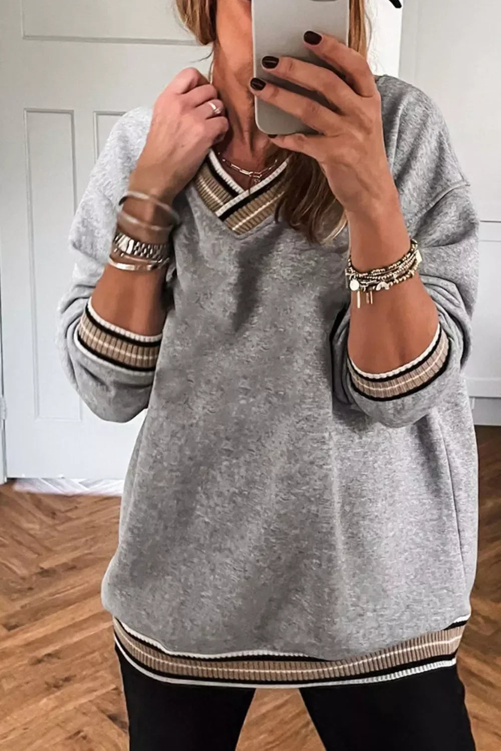 Casual V-Neck Striped Trim Pullover - DAVERRI FASHIONS