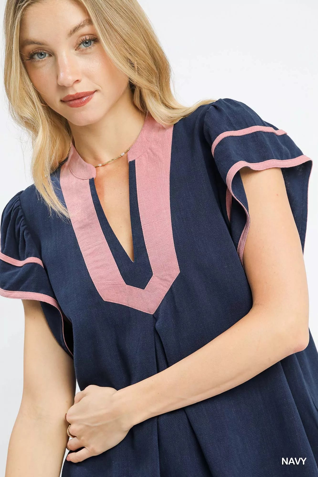 Navy blue Umgee linen ruffle sleeve top with pink trim