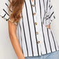 White and black striped short-sleeve button-up shirt with gold buttons