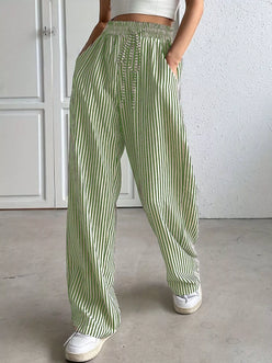 Daverri Striped High-Waisted Wide Leg Pants in green and white vertical stripes