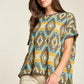 Davi & Dani high-low geometric round neck knit top in teal, yellow, gray