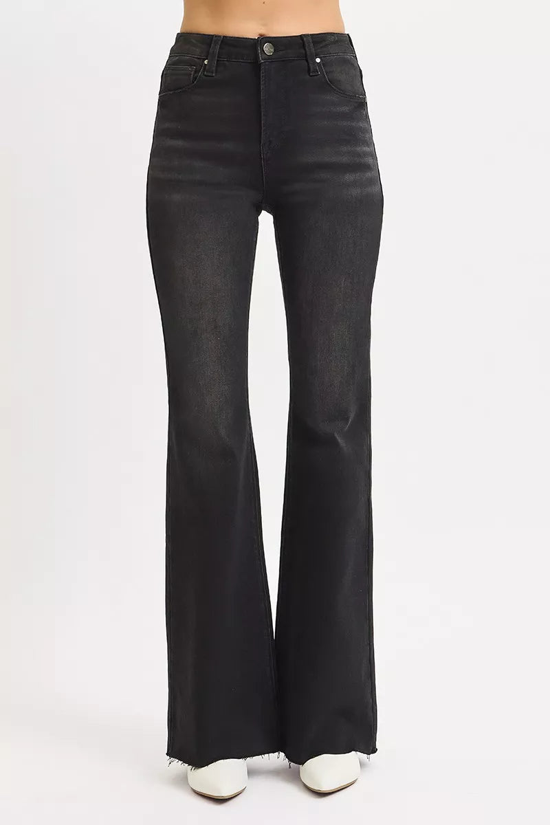 RISEN Full Size High Rise Flare Raw Cut Hem Jeans Plus Size | Jeans Daverri Fashions