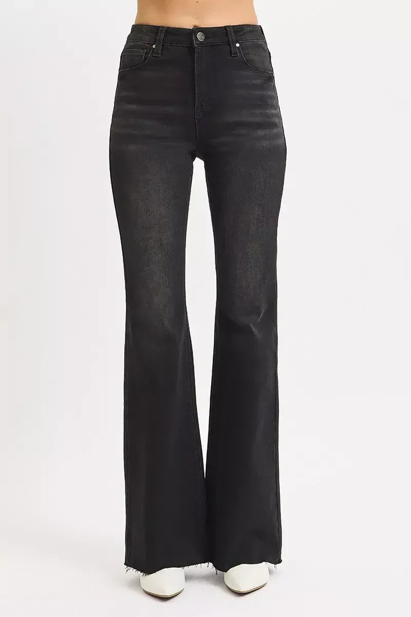 RISEN Full Size High Rise Flare Raw Cut Hem Jeans Plus Size - DAVERRI FASHIONS