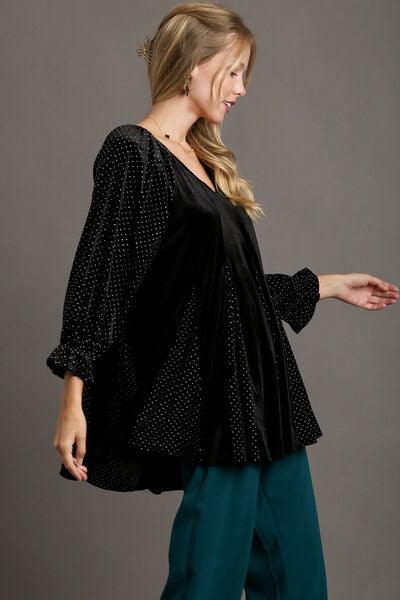 Umgee Godet Hem Polka Dot V-Neck Blouse Blouses