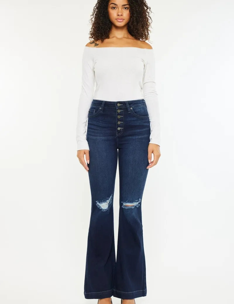 Kancan Button Fly High Rise Distressed Flare Jeans | Jeans Daverri Fashions