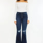 Kancan Button Fly High Rise Distressed Flare Jeans - DAVERRI FASHIONS