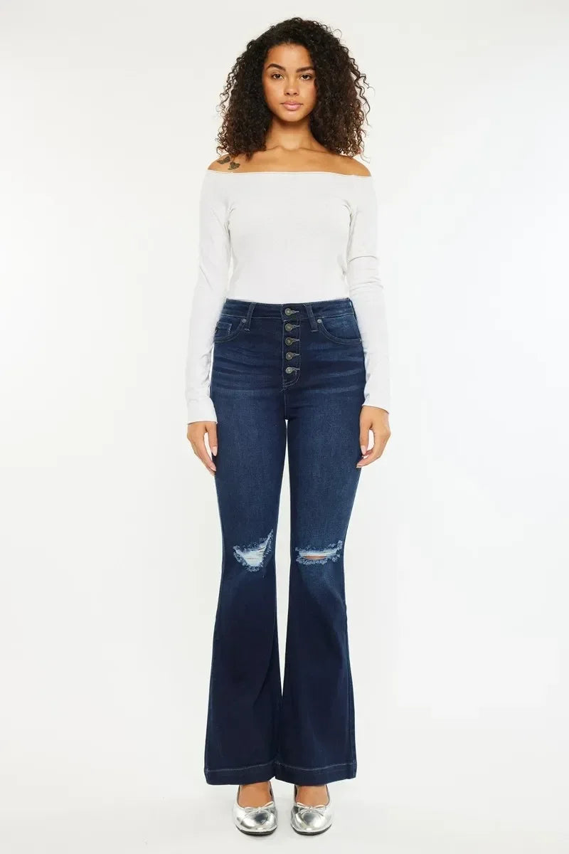 Kancan Button Fly High Rise Distressed Flare Jeans - DAVERRI FASHIONS