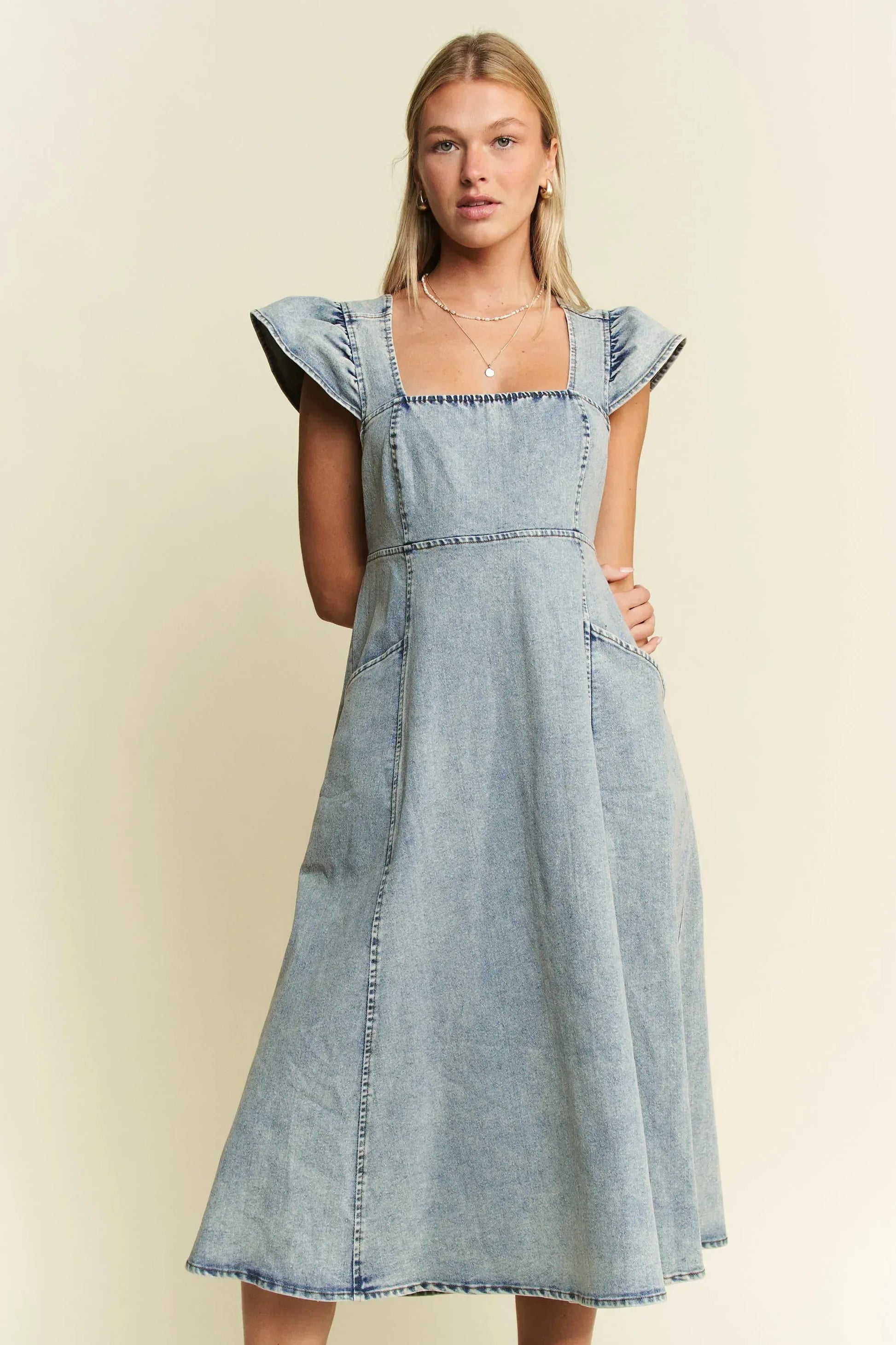 Jade By Jane Ruffled Denim Midi Dress - DAVERRI FASHIONS