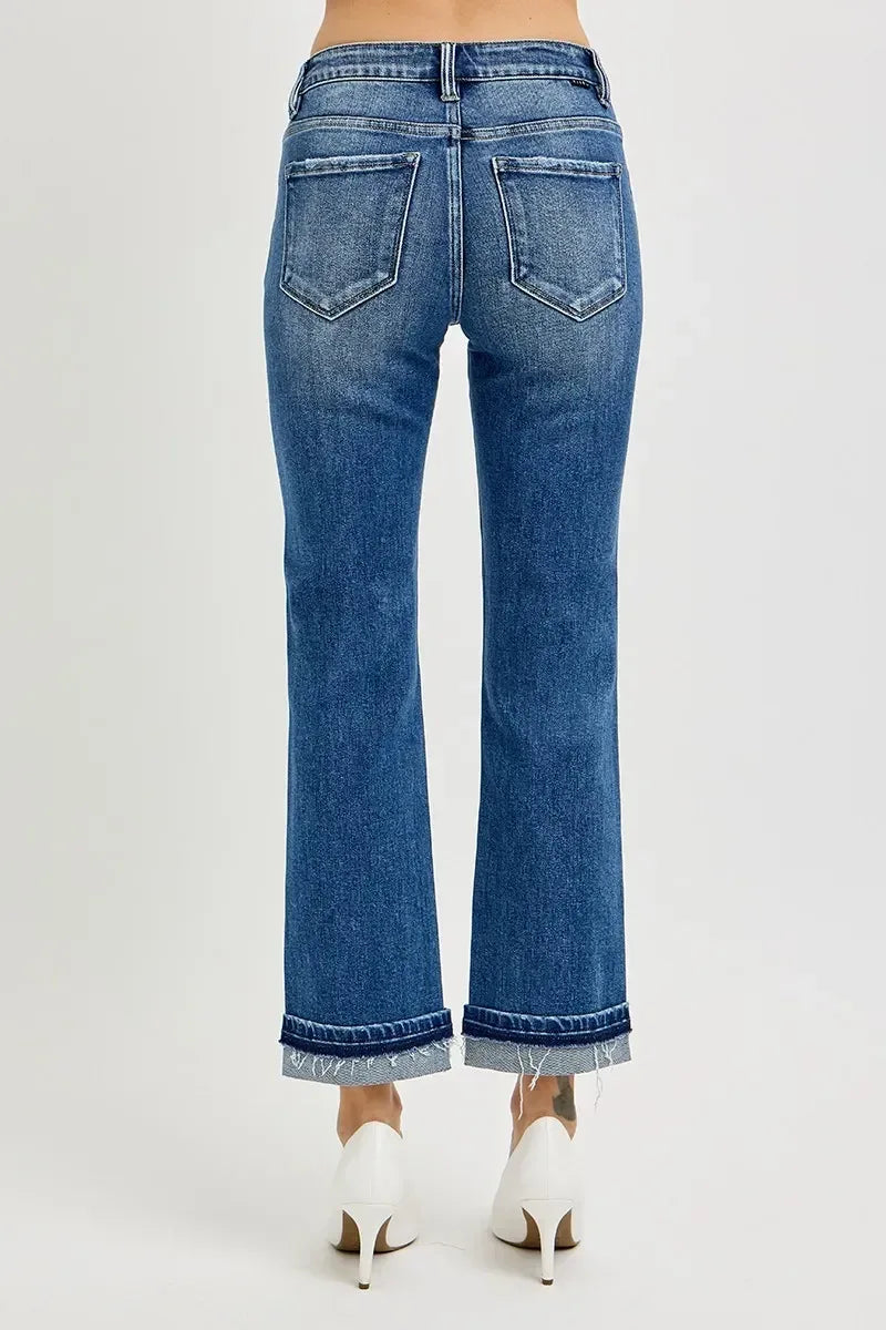 RISEN Mid Rise Ankle Straight Cuffed Jeans - DAVERRI FASHIONS