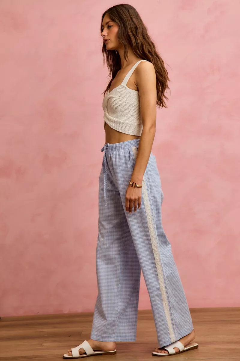 SO ME wide check pants with light blue white gingham drawstring waist
