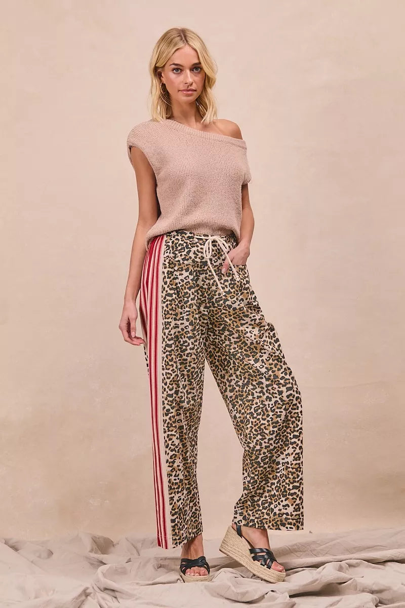 BiBi Leopard Print Pants with striped side panels and welt pockets