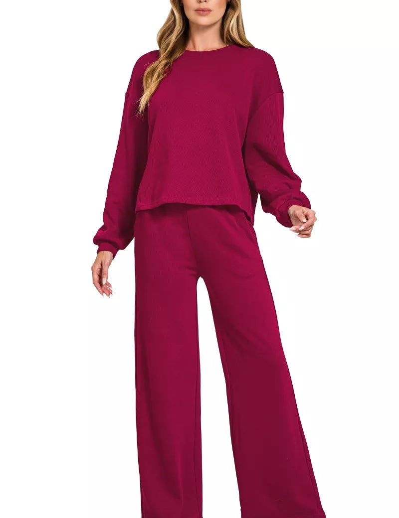 DK BURGUNDY Zenana French Rib Pullover and Pants Set | Daverri Fashions