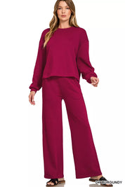 DK BURGUNDY Zenana French Rib Pullover and Pants Set | Daverri Fashions