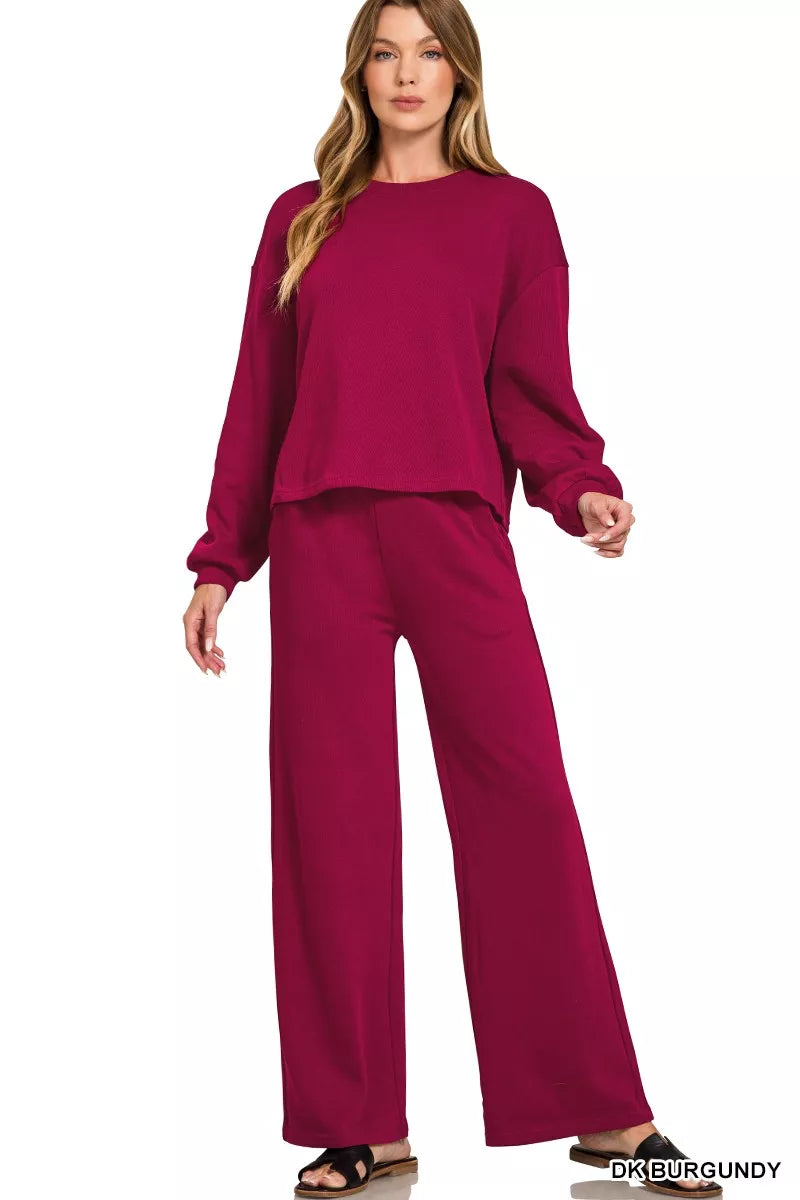 DK BURGUNDY Zenana French Rib Pullover and Pants Set | Daverri Fashions