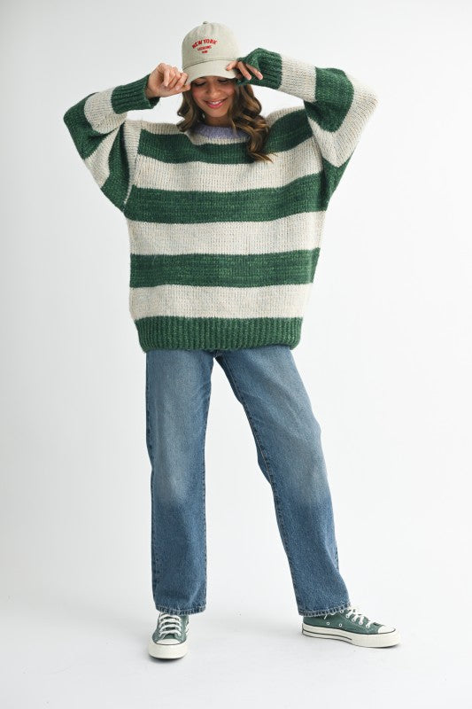 Green and white striped oversized knit sweater with ribbed cuffs