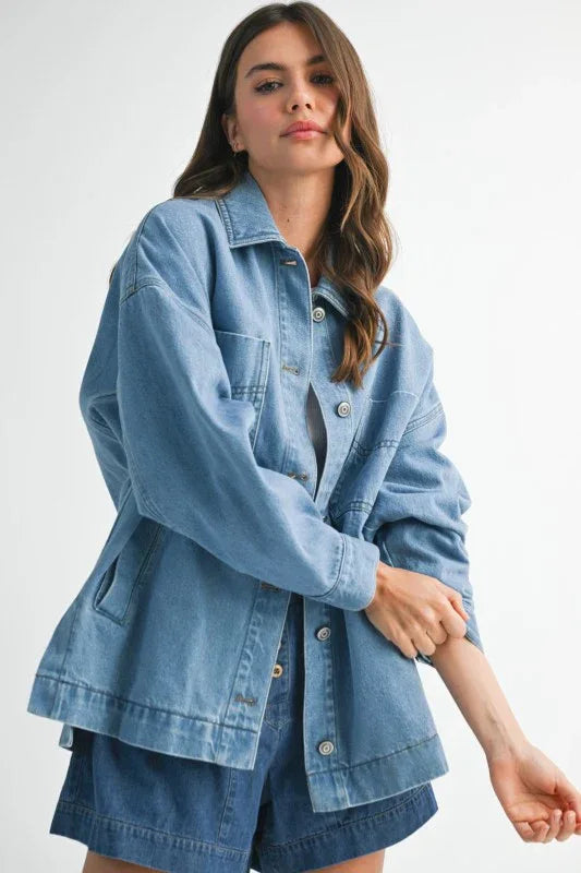 Aemi + Co Relaxed Fit Utility Denim Jacket - DAVERRI FASHIONS