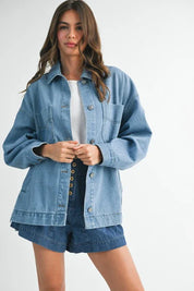 Aemi + Co Relaxed Fit Utility Denim Jacket - DAVERRI FASHIONS