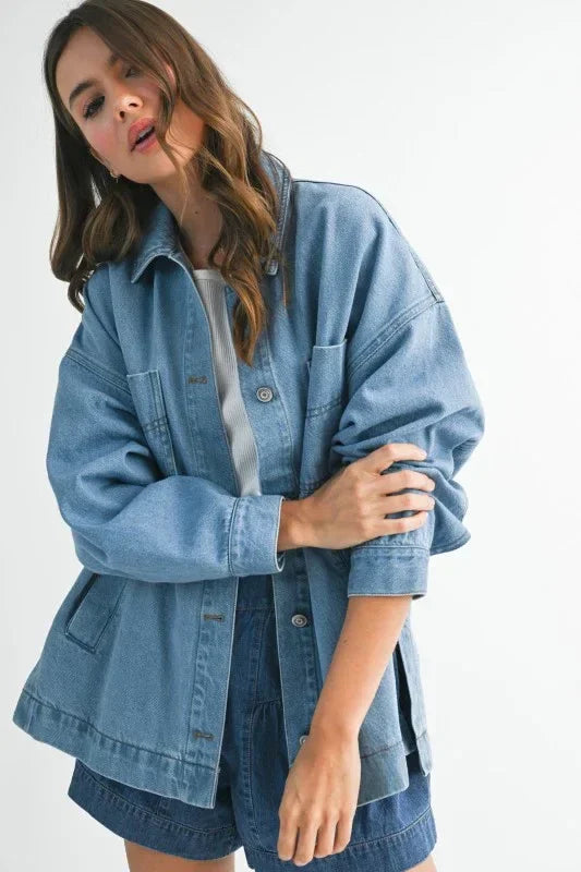 Aemi + Co Relaxed Fit Utility Denim Jacket - DAVERRI FASHIONS