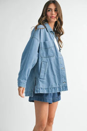 Aemi + Co Relaxed Fit Utility Denim Jacket - DAVERRI FASHIONS