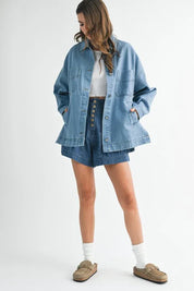 Aemi + Co Relaxed Fit Utility Denim Jacket - DAVERRI FASHIONS