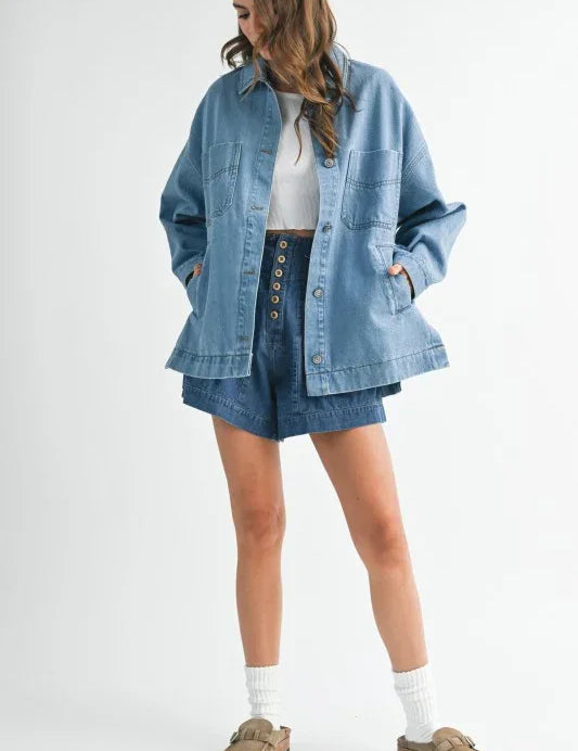Aemi + Co Relaxed Fit Utility Denim Jacket - DAVERRI FASHIONS