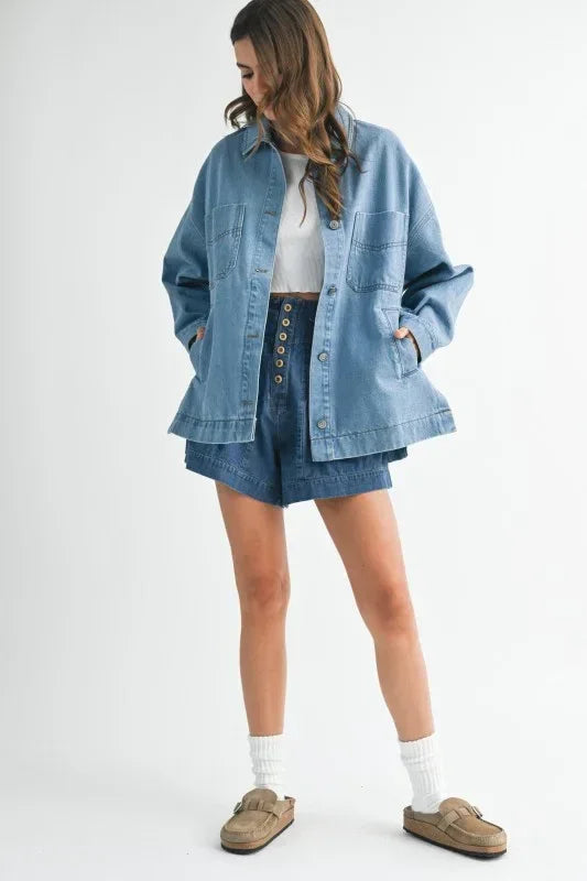 Aemi + Co Relaxed Fit Utility Denim Jacket - DAVERRI FASHIONS