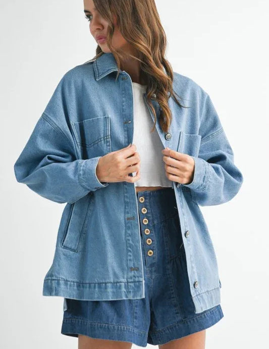 Aemi + Co Relaxed Fit Utility Denim Jacket - DAVERRI FASHIONS