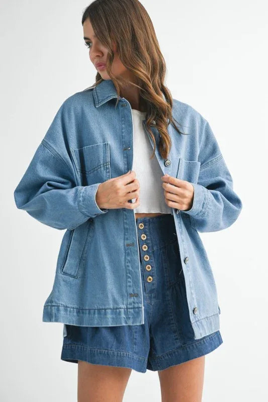Aemi + Co Relaxed Fit Utility Denim Jacket - DAVERRI FASHIONS